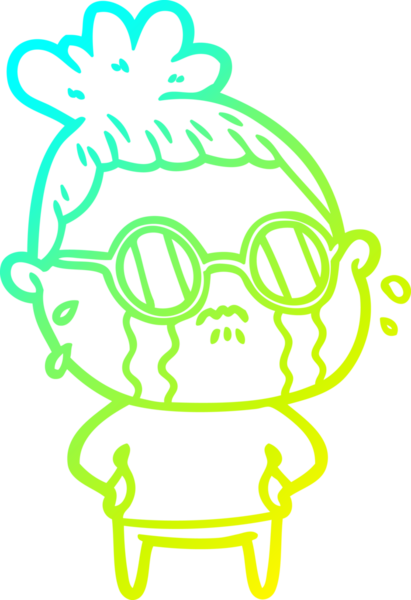 Bir insan tarafından çizilmiş güneş gözlüğü takan, ağlayan bir karikatür çizimi.