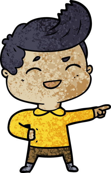 Bir insan tarafından çizilen, gülen ve işaret eden çizgi film adamı.