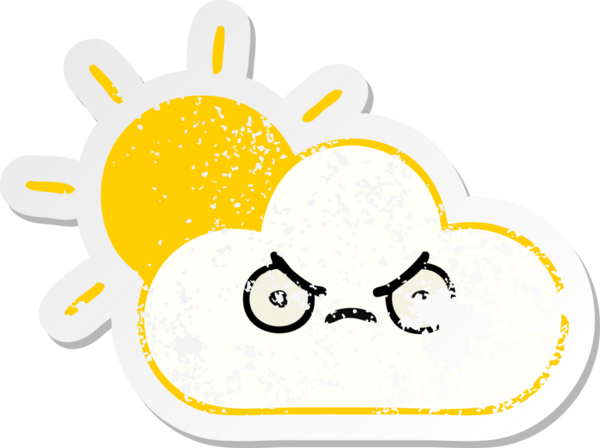 Sevimli bir çizgi film yıldızının sıkıntılı çıkartması ve bir insan tarafından çizilmiş bulut.