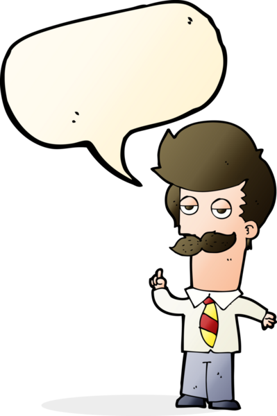 Çizgi filmdeki bıyıklı adam bir insan tarafından çizilmiş konuşma balonuyla anlatıyor.