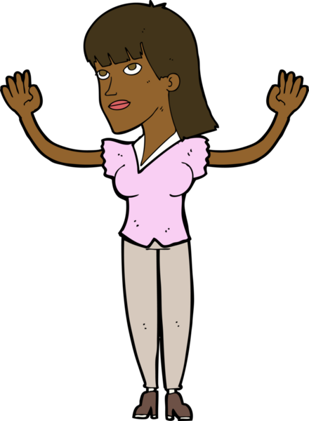 Çizgi filmdeki kadın bir insan tarafından çizilmiş elleri havaya fırlatıyor.