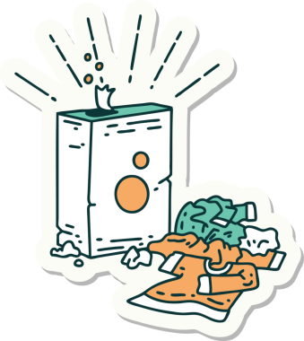 Dövme stili deterjan çıkartması ve bir insan tarafından çizilmiş elbise yığını.