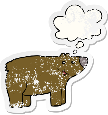 Düşünce baloncuğu olan çizgi film ayısı bir insan tarafından çizilmiş yıpranmış bir çıkartma.