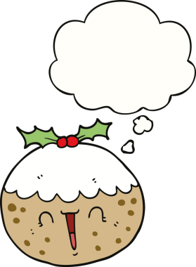 Bir insan tarafından çizilmiş düşünce baloncuklu tatlı noel pudingi.