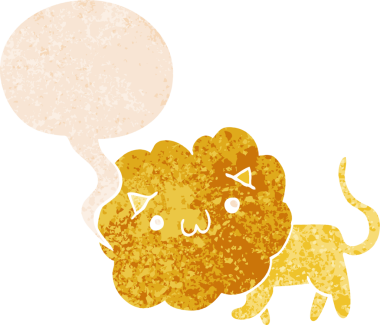 Bir insan tarafından çizilmiş grunge sıkıntılı retro stili konuşma baloncuğu ile sevimli çizgi film aslanı