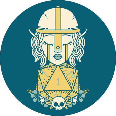 Retro Tattoo Tarzı Üzgün Elf Savaşçısı Karakteri Bir insan tarafından çizilmiş d20 ruloyla