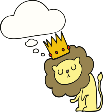 Bir insan tarafından çizilmiş düşünce baloncuklu taç takmış çizgi film aslanı.