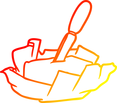 Bir insanın çizdiği bıçakla geleneksel bir tereyağı dokunuşunun sıcak çizgi çizimi