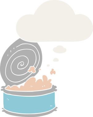 Düşünce baloncuğu olan konserve balıklar insan tarafından çizilmiş.