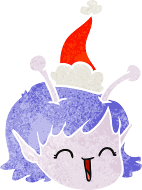 Bir insan tarafından çizilmiş Noel Baba şapkası giyen uzaylı bir uzay kızının eski çizgi filmi.