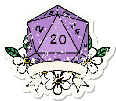 Bir insan tarafından çekilen 20 kritik vuruşluk D20 zar atımının grunge çıkartması.