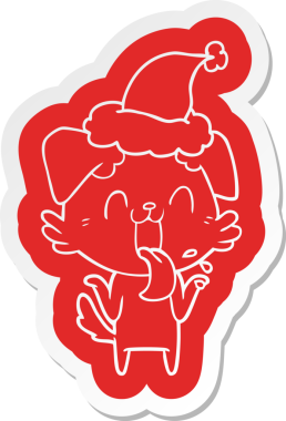 Bir insanın çizdiği Noel Baba şapkasını takan, nefes nefese kalmış, omuz silken bir köpeğin çizgi film çıkartması.