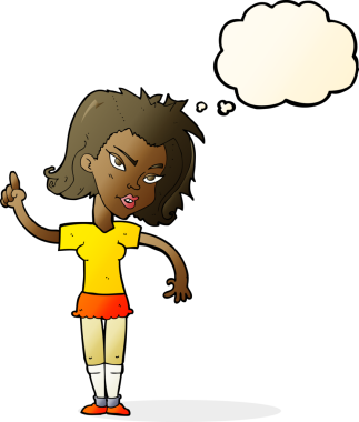 Bir insan tarafından çizilmiş düşünce baloncuğu fikri olan karikatür kadın.