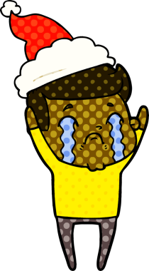 Bir insanın çizdiği Noel Baba şapkasıyla ağlayan bir adamın el çizimi çizgi roman tasviri.