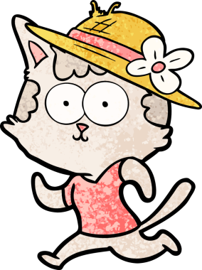 Bir insan tarafından çizilmiş şapkayla koşan mutlu çizgi film kedisi.