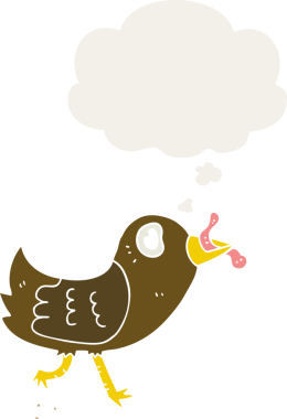 Düşünce baloncuğu insan tarafından çizilmiş solucanlı çizgi film kuşu.