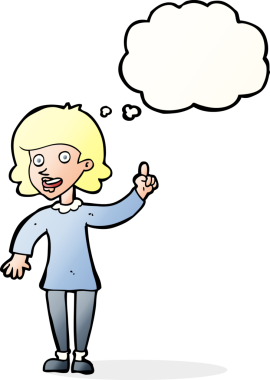 Bir insan tarafından çizilmiş düşünce baloncuğu fikri olan karikatür kadın.