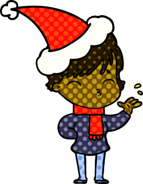 Bir insan tarafından çizilmiş Noel Baba şapkası takan bir kadının el çizimi çizgi roman tasviri.