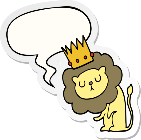 Bir insan tarafından çizilmiş konuşma kabarcığı etiketli, taçlı çizgi film aslanı.