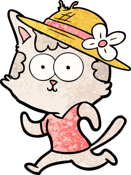 Bir insan tarafından çizilmiş şapkayla koşan mutlu çizgi film kedisi.