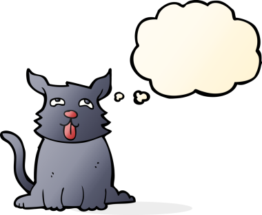 Bir insan tarafından çizilmiş düşünce balonlu mutlu bir köpek.