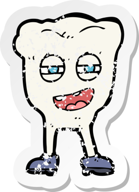 Bir insan tarafından çizilmiş komik bir diş karakterinin gerilimli retro çıkartması.