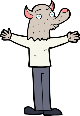 Bir insan tarafından çizilmiş karikatür dostu kurt adam.