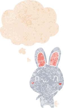 Düşünce baloncuğuyla sallanan çizgi film tavşanı bir insan tarafından çizilmiş dertli retro stili.