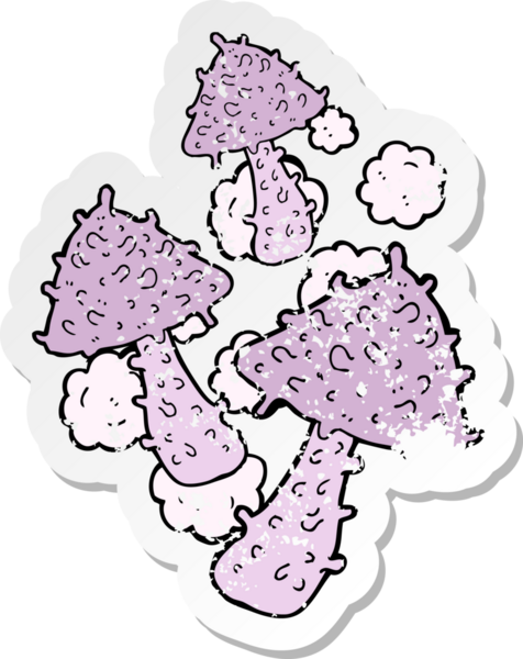 Bir insan tarafından çizilmiş garip mantarların gerilmiş retro yapıştırması.