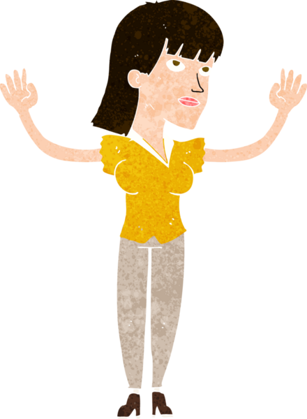 Çizgi filmdeki kadın bir insan tarafından çizilmiş elleri havaya fırlatıyor.