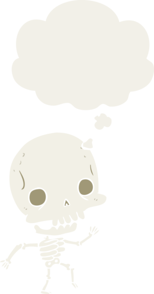 Düşünce baloncuğu olan bir insan tarafından çizilmiş bir iskelet.