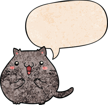 Bir insan tarafından çizilmiş eski moda konuşma baloncuklu mutlu çizgi film kedisi.