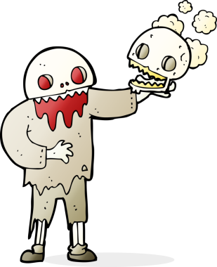 Bir insan tarafından çizilmiş kafatasını tutan bir zombi çizgi filmi.