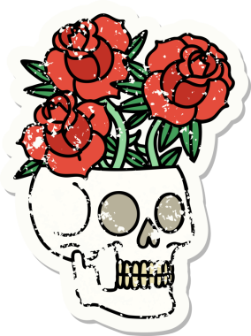 Geleneksel bir kafatası stili ve bir insan tarafından çizilmiş gül dövmesi.