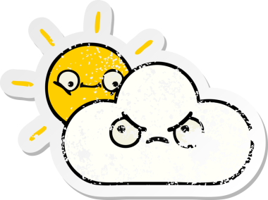 Sevimli bir çizgi film yıldızının sıkıntılı çıkartması ve bir insan tarafından çizilmiş bulut.