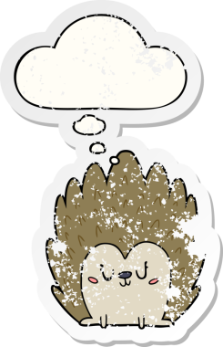 Düşünce baloncuğu olan şirin bir kirpi çizgi film karakteri insan tarafından çizilmiş yıpranmış bir çıkartma gibi.