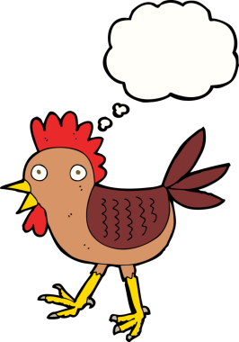 Bir insan tarafından çizilmiş düşünce balonlu komik çizgi film tavuğu.
