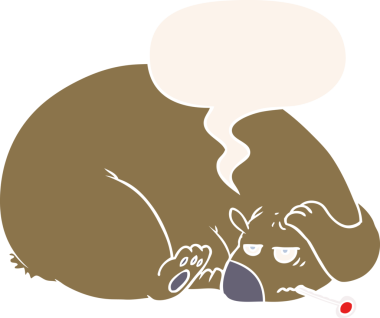 Çizgi film ayısı, kafası ağrıyan, konuşma baloncuğu olan bir insan tarafından çizilmiş.