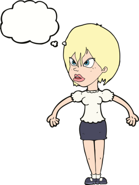 Bir insan tarafından çizilmiş düşünce baloncuğuyla rahatsız bir kadın.