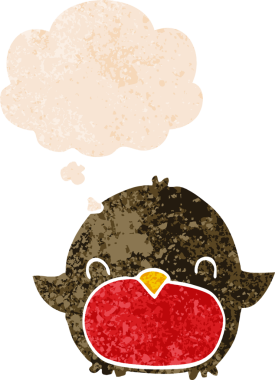 Düşünce baloncuğu olan karikatür pengueni bir insan tarafından çizilmiş dertli retro desenli.