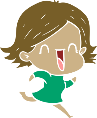 Bir insan tarafından çizilmiş düz renkli mutlu kadın çizgi filmi.