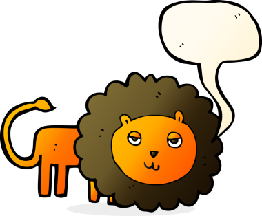 Bir insan tarafından çizilmiş konuşma balonlu çizgi film aslanı.