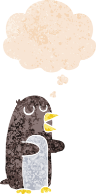 Düşünce baloncuğu olan karikatür pengueni bir insan tarafından çizilmiş dertli retro desenli.