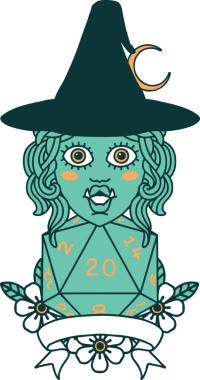 Retro Dövme Biçimi Bir insan tarafından çizilmiş doğal 20 zarlı yarı ork cadı karakteri