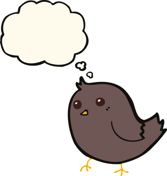 Bir insan tarafından çizilmiş düşünce baloncuklu çizgi film kuşu.