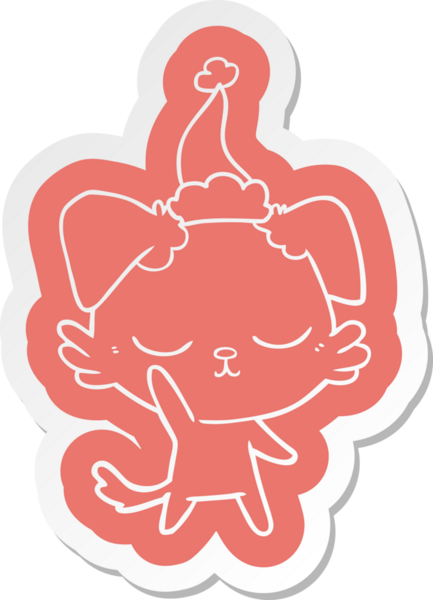 Bir insan tarafından çizilmiş Noel Baba şapkası takan bir köpeğin komik çizgi film çıkartması.