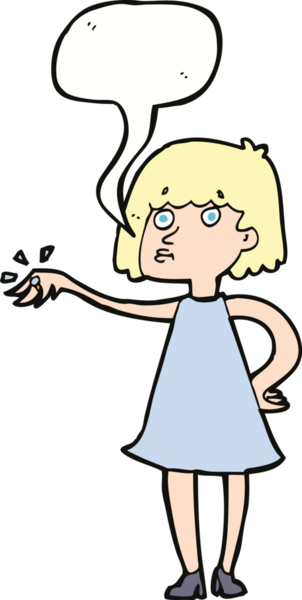 Bir insan tarafından çizilmiş bir konuşma balonuyla nişan yüzüğünü gösteren karikatür kadın.