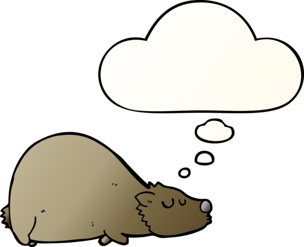 Bir insan tarafından çizilmiş yumuşak eğimli düşünce baloncuklu çizgi film ayısı.