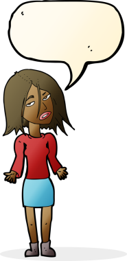 Bir insan tarafından çizilmiş konuşma baloncuğuyla omuz silken çizgi film kadını.