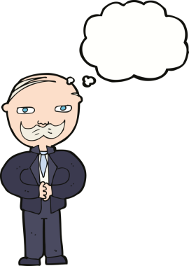 Düşünce baloncuğu çizilmiş bıyıklı yaşlı bir adam.